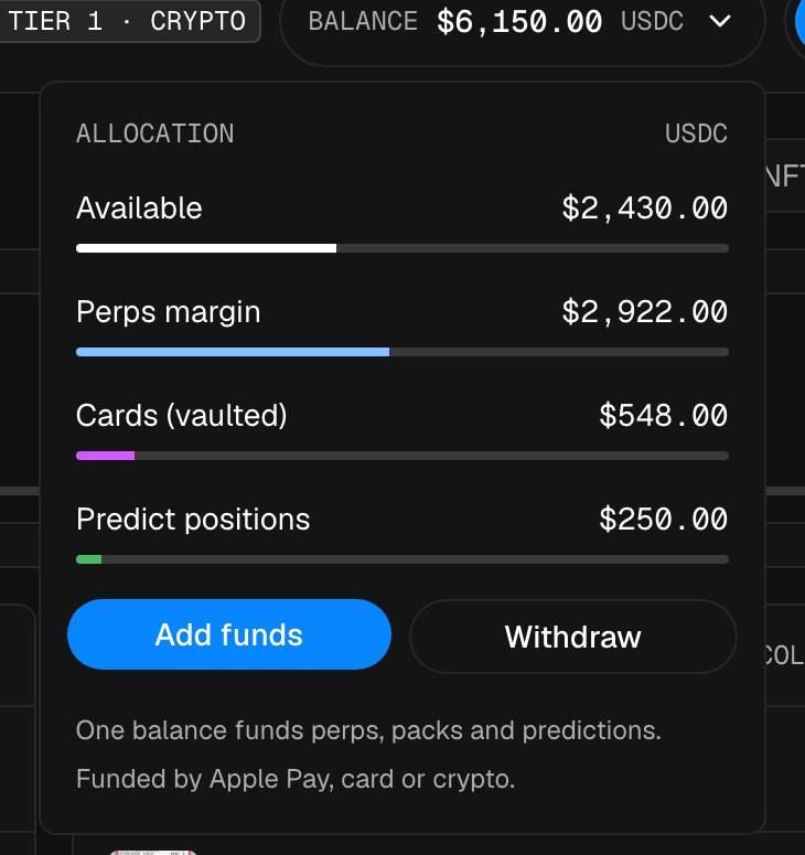 The unified balance component, showing allocation across available funds, perps margin, cards and prediction positions